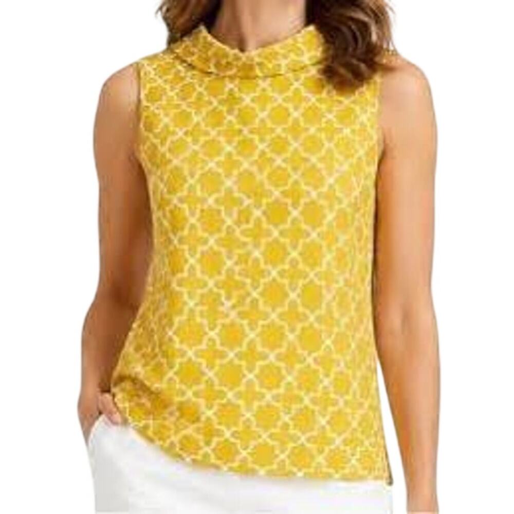 Boden Yellow White 100% Linen Quatrefoil Geometric Pattern Mod Retro Blouse Top